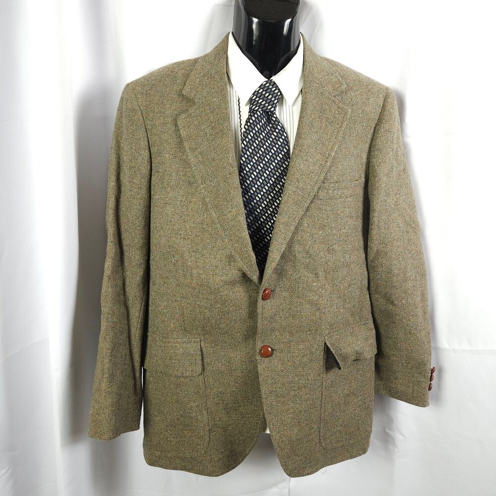 John Alexander Men 40R Khaki Green Tweed 2-Button Single Vent Sports Coat Blazer